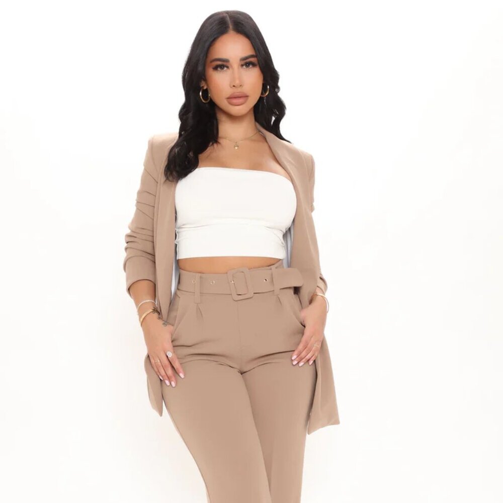 High Rise Belted Wide Leg Pant &  3/4 Sleeve Length Blazer Suit - Taupe Size XL